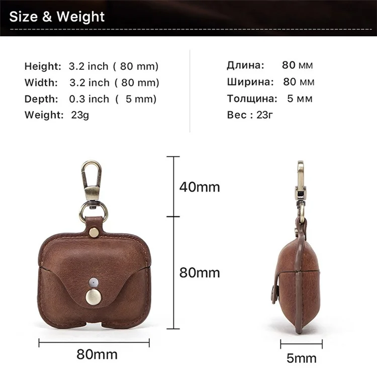 CONTACTS FAMILY Vintage Style Crazy Horse Texture Bluetooth Earphone Genuine Leather Protective Case Cover with Key Chain for Apple AirPods Pro - Coffee