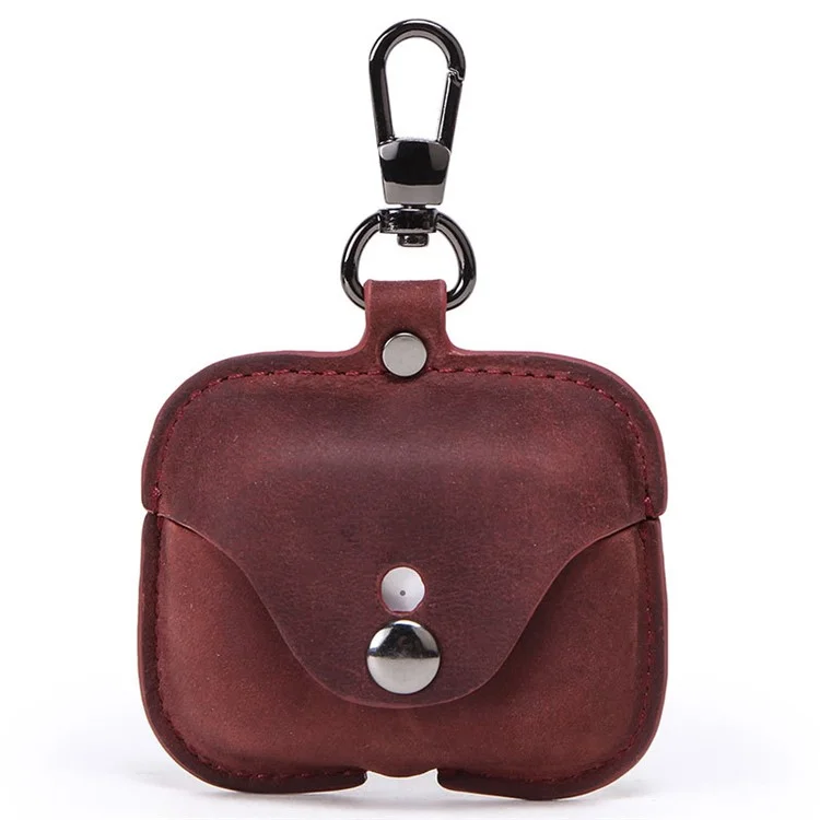 CONTACTS FAMILY Vintage Style Crazy Horse Texture Bluetooth-compatible Earphone Genuine Leather Protective Case Cover with Key Chain for Apple AirPods Pro - Wine Red