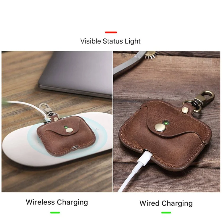 CONTACTS FAMILY Vintage Style Crazy Horse Texture Bluetooth-compatible Earphone Genuine Leather Protective Case Cover with Key Chain for Apple AirPods Pro - Wine Red