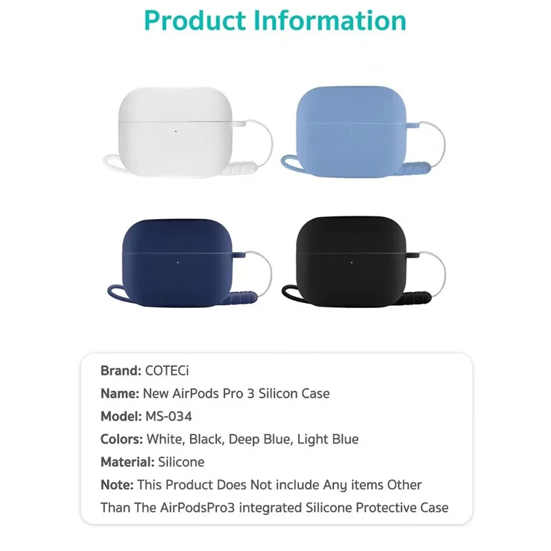 COTECI For AirPods Pro 3 Portable Silicone Case Anti Scratch Protective Cover with Lanyard - Black