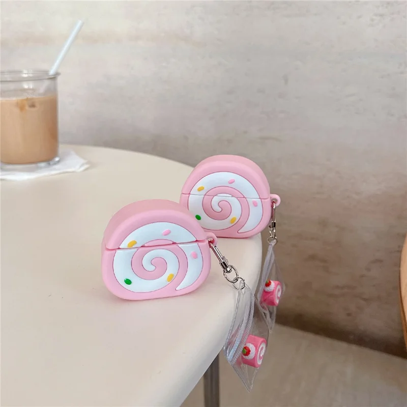 Earphone Cover for AirPods with Wireless Charging Case (2019)  /  AirPods with Charging Case (2019)  /  (2016) Pink Swiss Roll Shape PVC Case with Pendant