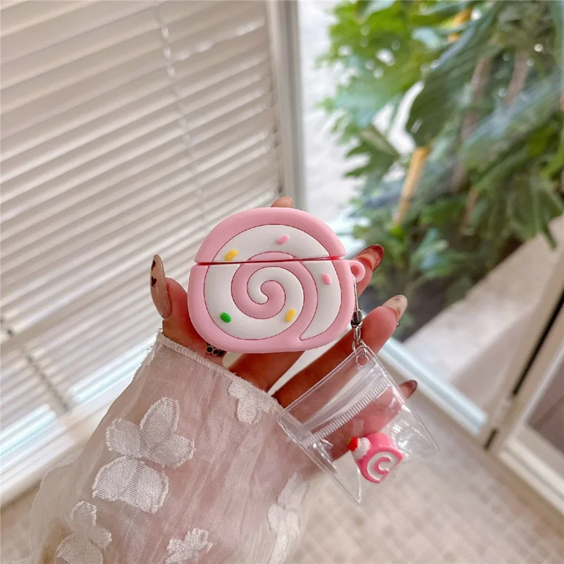 Apple AirPods 3 Ohrhörer Cover Pink Swiss Roll Form PVC Schutzhülle mit Anhänger