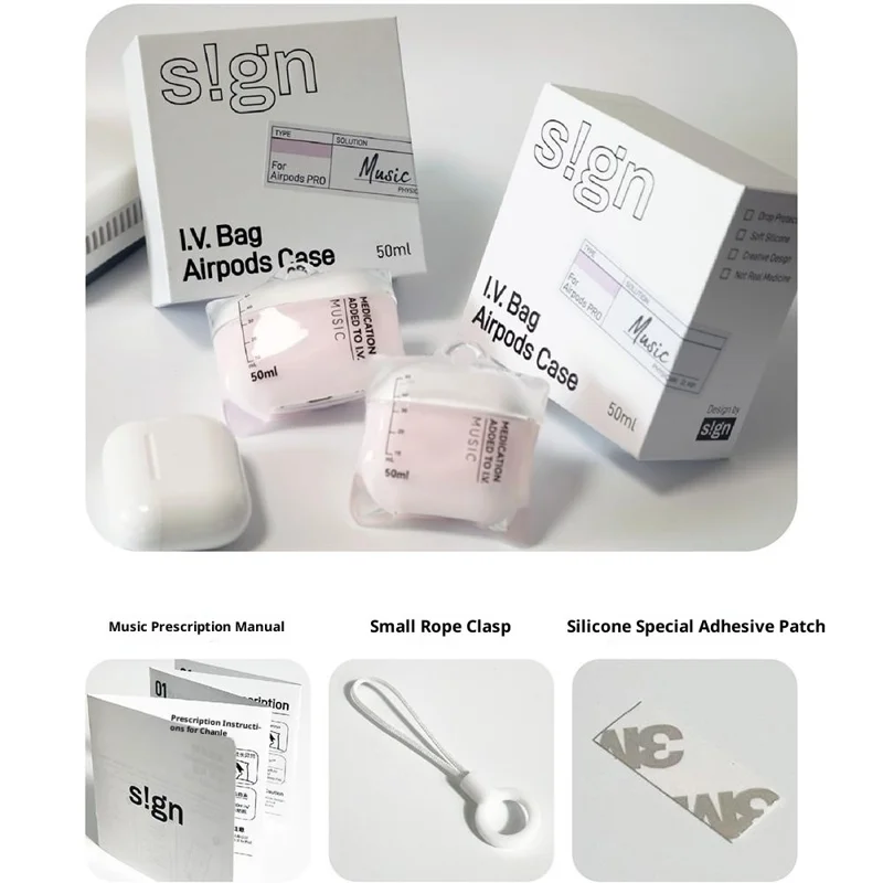 S!GN For AirPods 4 Case Clear Liquid Silicone Drip Bag Earphone Cover with Lanyard  /  Stand  /  Charging Cable - Pink