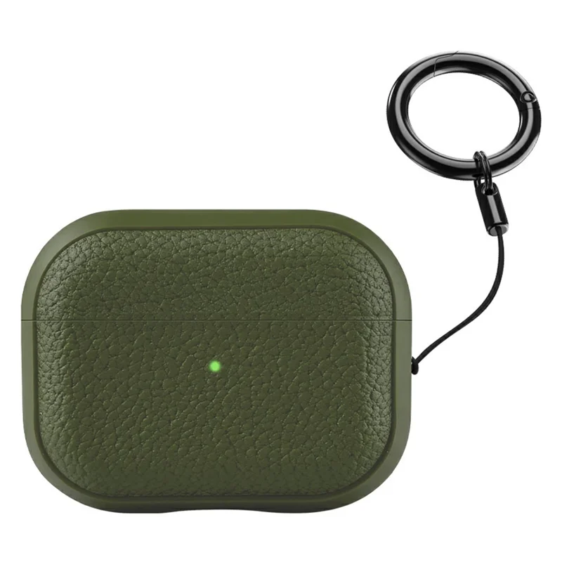 Bulk Purchasing For AirPods Pro 3 Case Faux Leather Textured TPU Earbuds Protective Cover with Strap Ring - Army Green