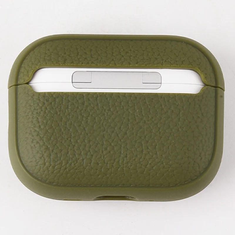 Bulk Purchasing For AirPods Pro 3 Case Faux Leather Textured TPU Earbuds Protective Cover with Strap Ring - Army Green
