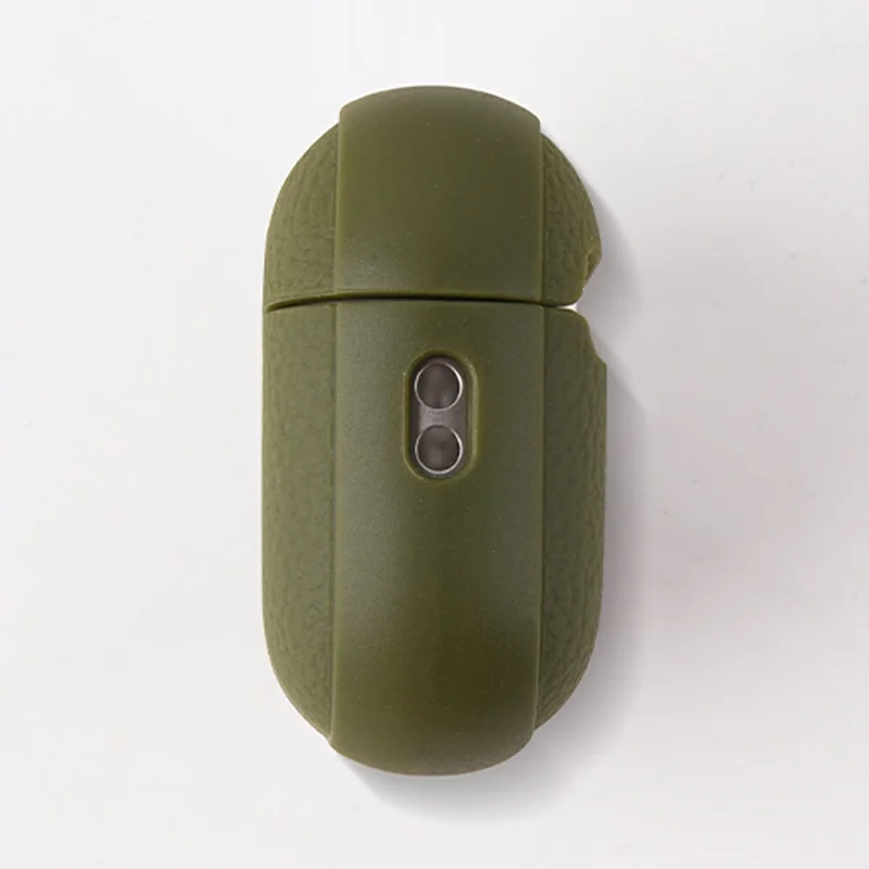 Bulk Purchasing For AirPods Pro 3 Case Faux Leather Textured TPU Earbuds Protective Cover with Strap Ring - Army Green