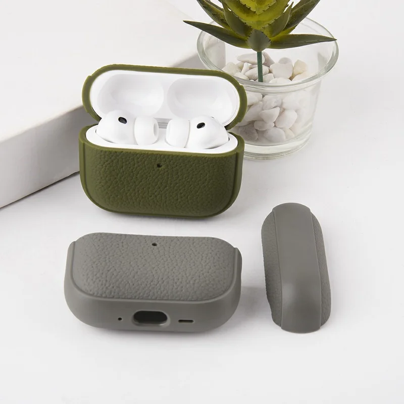 Bulk Purchasing For AirPods Pro 3 Case Faux Leather Textured TPU Earbuds Protective Cover with Strap Ring - Army Green
