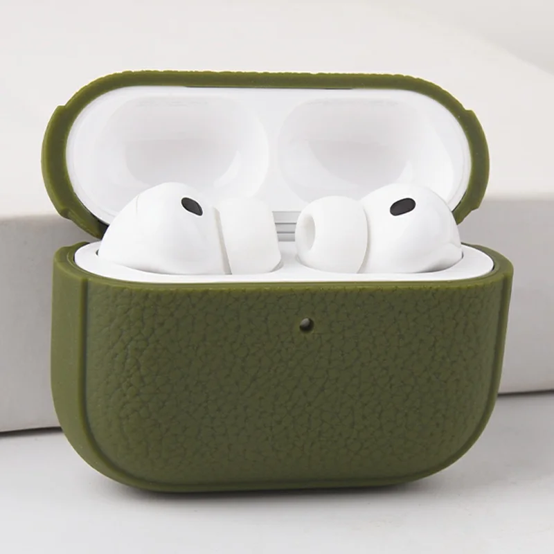 AirPods Pro 2 Hülle Kunstleder Strukturiert TPU Ohrhörer Schutzhülle mit Tragering - Armeegrün