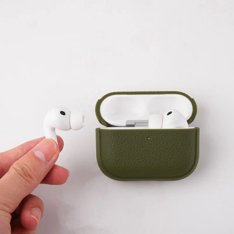 Bulk Purchasing For Apple AirPods Pro Case Faux Leather Textured TPU Earbuds Protective Cover with Strap Ring - Army Green