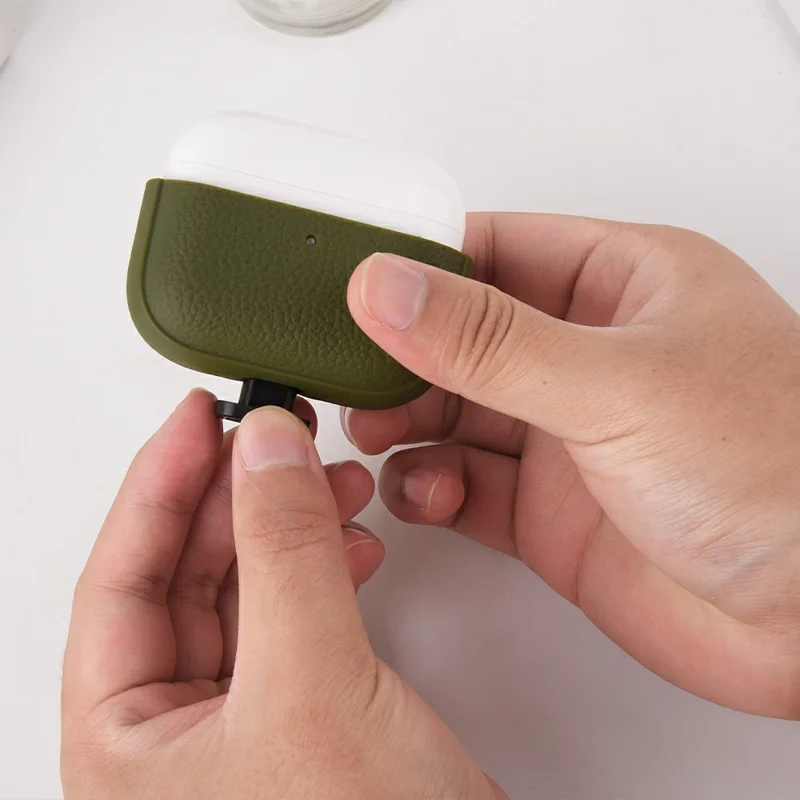 Bulk Purchasing For Apple AirPods Pro Case Faux Leather Textured TPU Earbuds Protective Cover with Strap Ring - Army Green