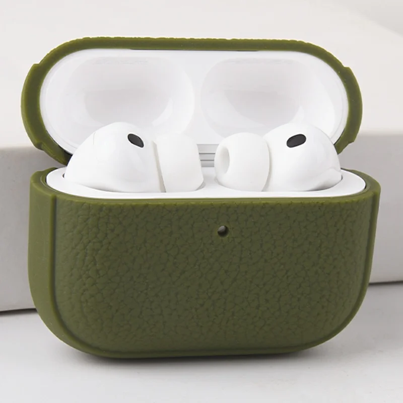 Für Apple AirPods 3 Gehäuse Kunstleder Texturierter TPU Kopfhörer Schutzhülle mit Trageriemen - Armeegrün