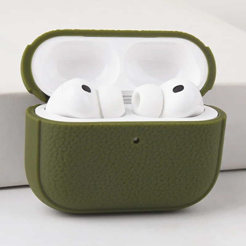 Bulk Purchasing For AirPods 4 Case Faux Leather Textured TPU Earbuds Protective Cover with Strap Ring - Army Green