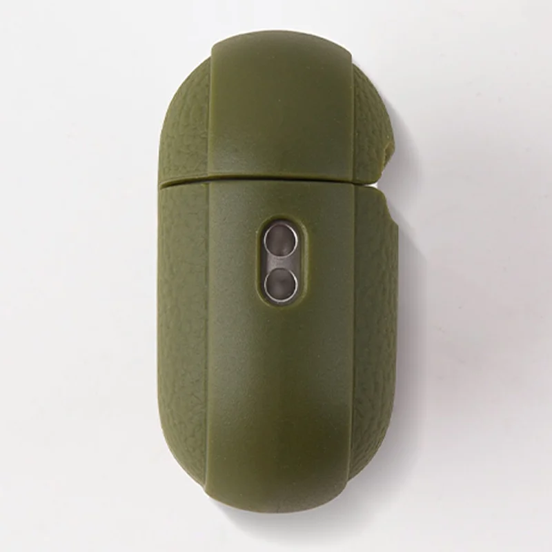 Bulk Purchasing For AirPods 4 Case Faux Leather Textured TPU Earbuds Protective Cover with Strap Ring - Army Green