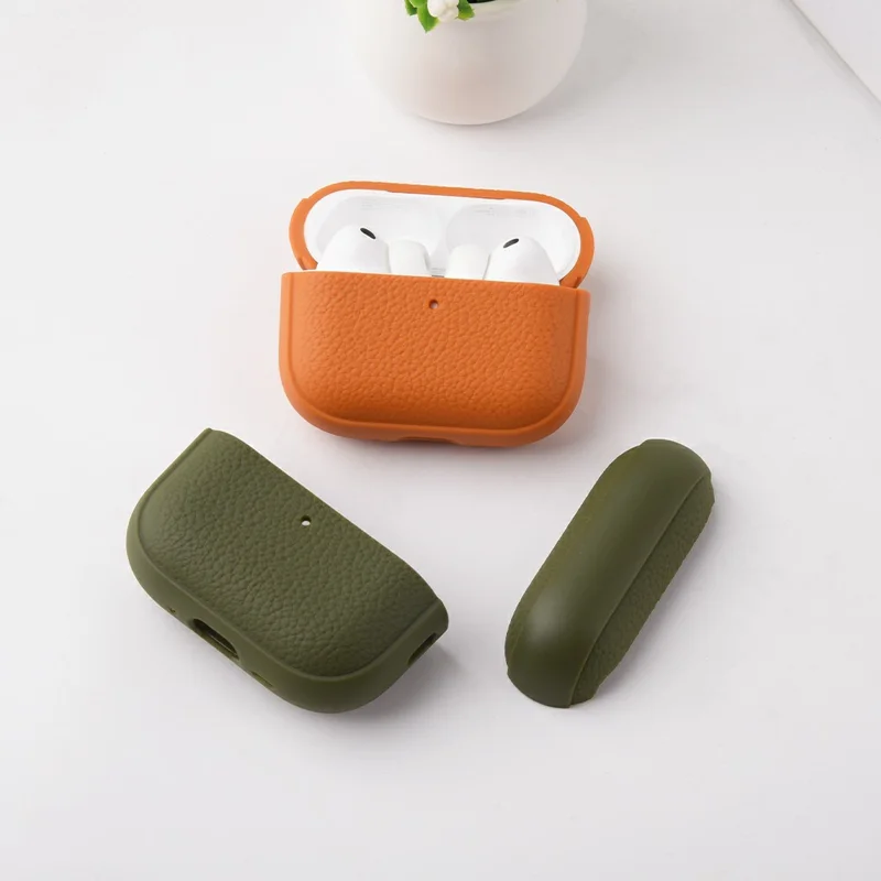 Bulk Purchasing For AirPods 4 Case Faux Leather Textured TPU Earbuds Protective Cover with Strap Ring - Army Green