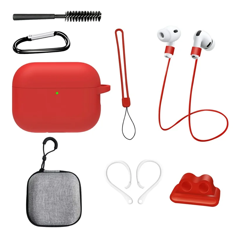 8 in 1 Accessories Kit for AirPods Pro 3 Silicone Protective Case with Hook  /  Anti-Lost Strap  /  Watch Buckle  /  Ear Hooks  /  Hand Strap  /  Cleaning Brush  /  Gray Bag - Red