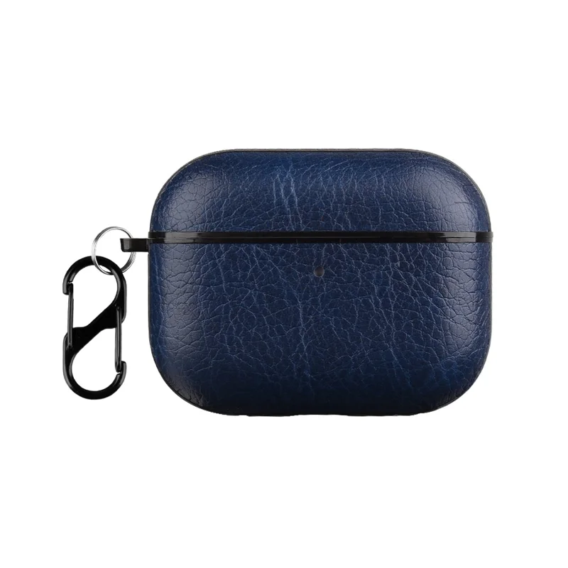 For AirPods Pro 3 Case Faux Leather Textured TPU Earbuds Protective Cover with Buckle - Blue
