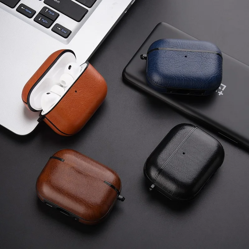 For AirPods Pro 3 Case Faux Leather Textured TPU Earbuds Protective Cover with Buckle - Blue