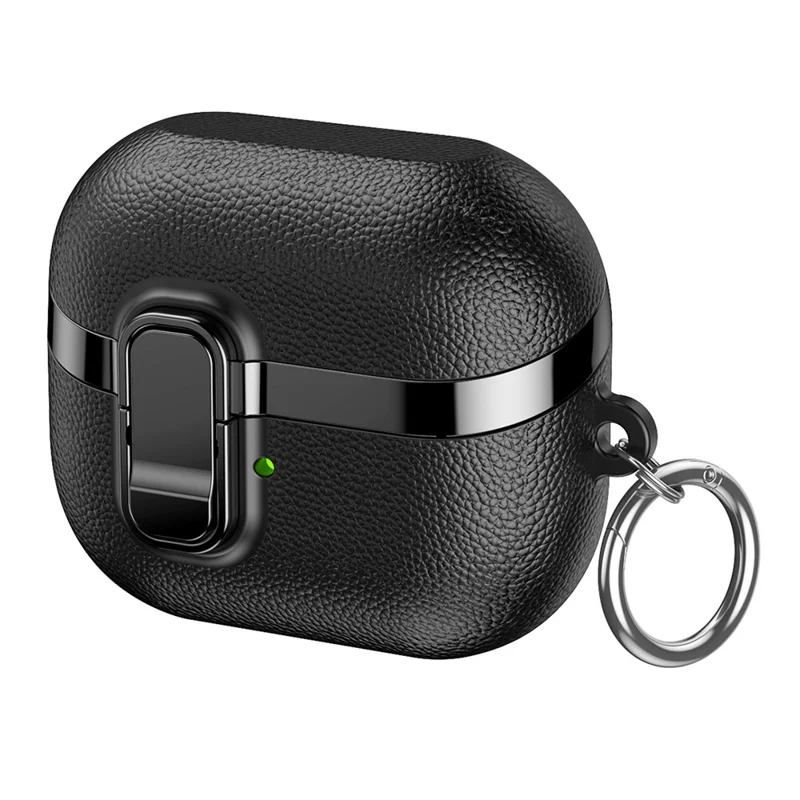 Étui pour Samsung Galaxy Buds3 / Buds3 Pro, boîtier à fermeture instantanée avec texture en cuir de litchi, finition chromée, coque TPU/PC pour écouteurs avec mousqueton - Noir
