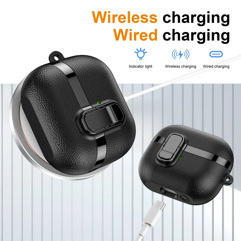 Étui pour Samsung Galaxy Buds3 / Buds3 Pro, boîtier à fermeture instantanée avec texture en cuir de litchi, finition chromée, coque TPU/PC pour écouteurs avec mousqueton - Noir