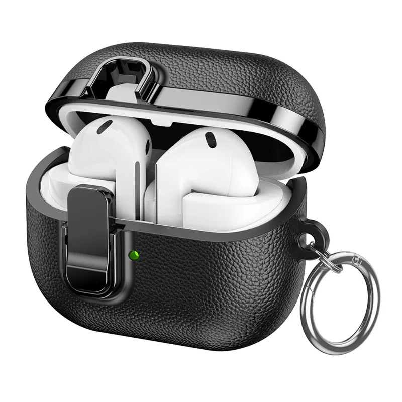 Étui pour Samsung Galaxy Buds3 / Buds3 Pro, boîtier à fermeture instantanée avec texture en cuir de litchi, finition chromée, coque TPU/PC pour écouteurs avec mousqueton - Noir