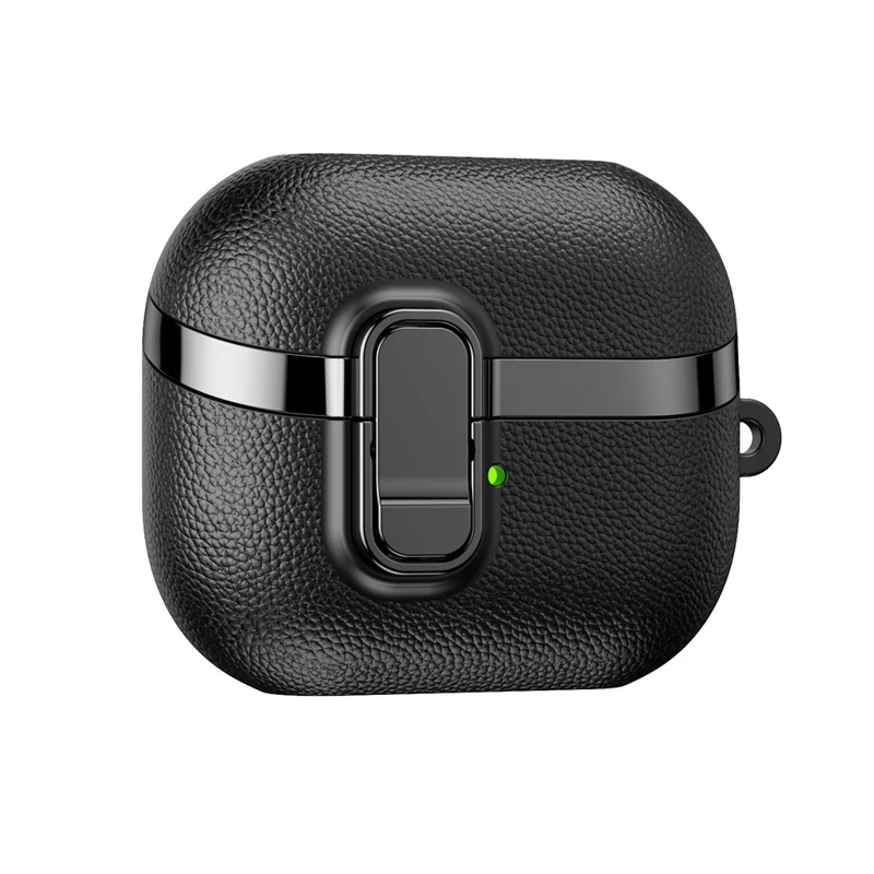 Étui pour Samsung Galaxy Buds3 / Buds3 Pro, boîtier à fermeture instantanée avec texture en cuir de litchi, finition chromée, coque TPU/PC pour écouteurs avec mousqueton - Noir