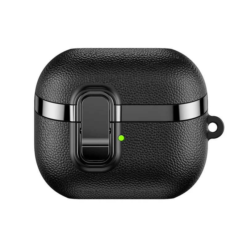 Étui pour Samsung Galaxy Buds3 / Buds3 Pro, boîtier à fermeture instantanée avec texture en cuir de litchi, finition chromée, coque TPU/PC pour écouteurs avec mousqueton - Noir