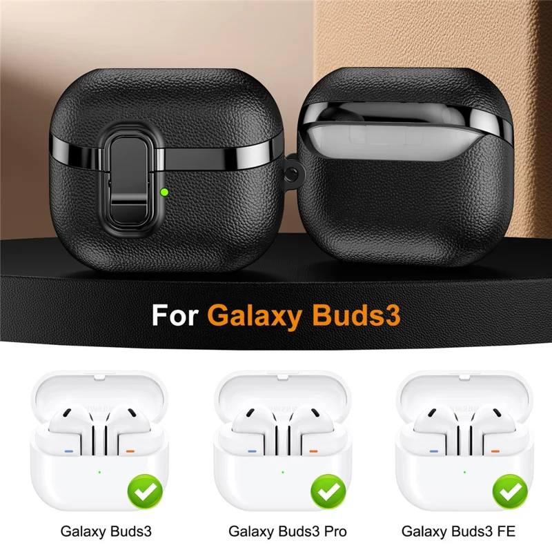 Étui pour Samsung Galaxy Buds3 / Buds3 Pro, boîtier à fermeture instantanée avec texture en cuir de litchi, finition chromée, coque TPU/PC pour écouteurs avec mousqueton - Noir