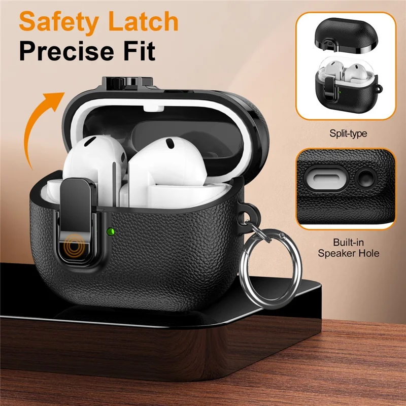 Étui pour Samsung Galaxy Buds3 / Buds3 Pro, boîtier à fermeture instantanée avec texture en cuir de litchi, finition chromée, coque TPU/PC pour écouteurs avec mousqueton - Noir