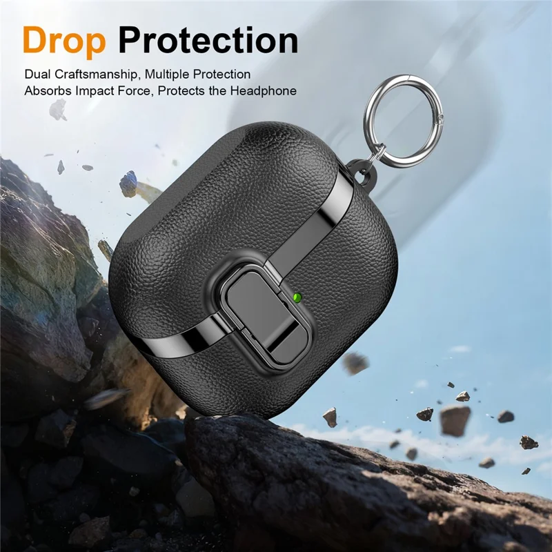 Étui pour Samsung Galaxy Buds3 / Buds3 Pro, boîtier à fermeture instantanée avec texture en cuir de litchi, finition chromée, coque TPU/PC pour écouteurs avec mousqueton - Noir