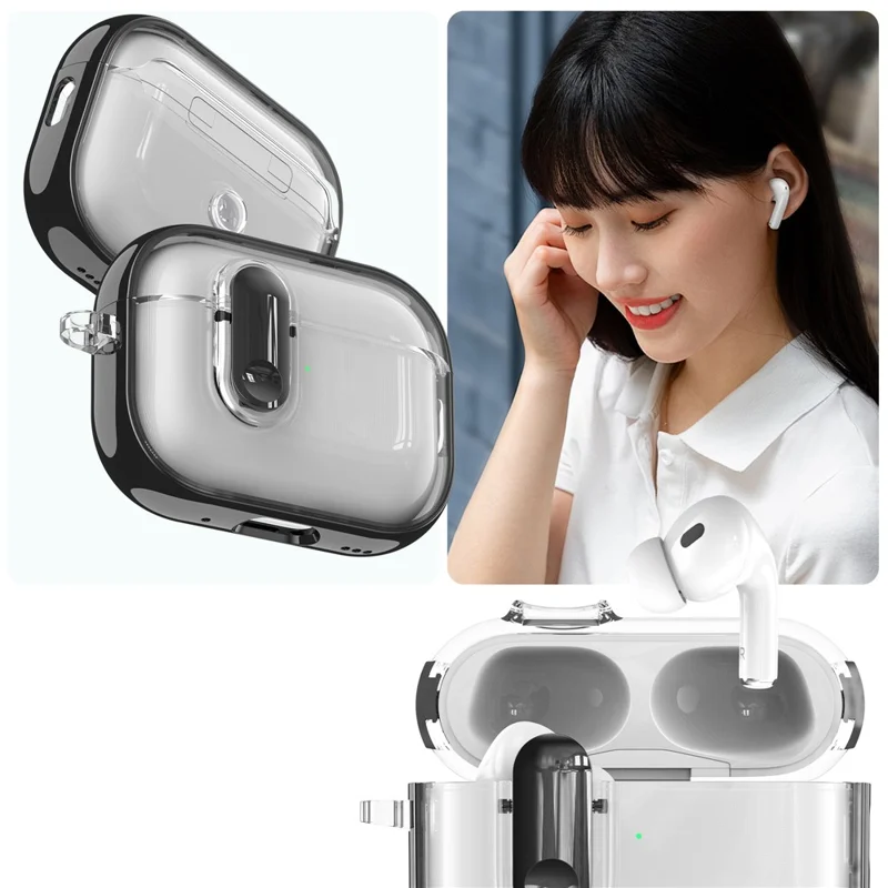 Til Apple AirPods Pro / Pro 2 Case Gennemsigtig Elektropladeret TPU PC Ørepudecover med Låsebeslag / Karabinkrog - Sort