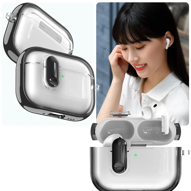 For AirPods Pro 3 Case Gennemsigtig Elektropladeret TPU PC Hovedtelefonbeskyttelse med Låsebeslag / Karabinhage - Sølv