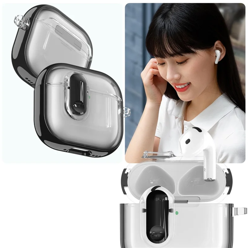 For AirPods 4 with ANC Case Clear Electroplated TPU PC Earbuds Cover with Lock Clasp  /  Carabiner - Black
