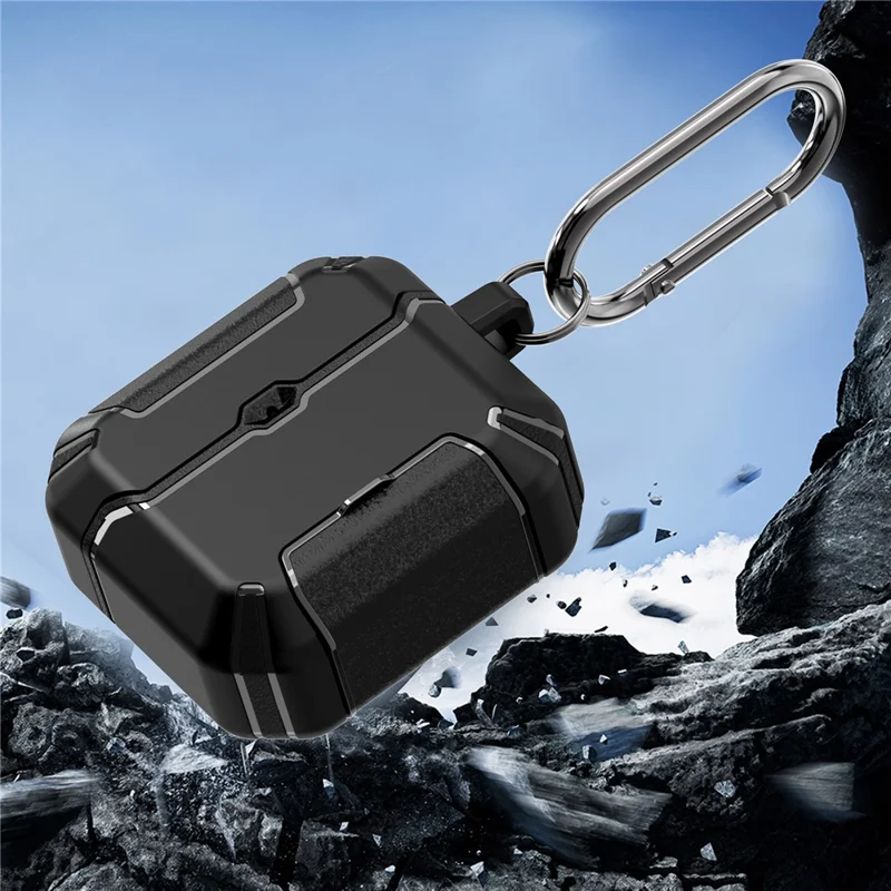 For AirPods 4 with ANC Case Foldable Stand TPU PC Earbuds Cover with Carabiner - Black