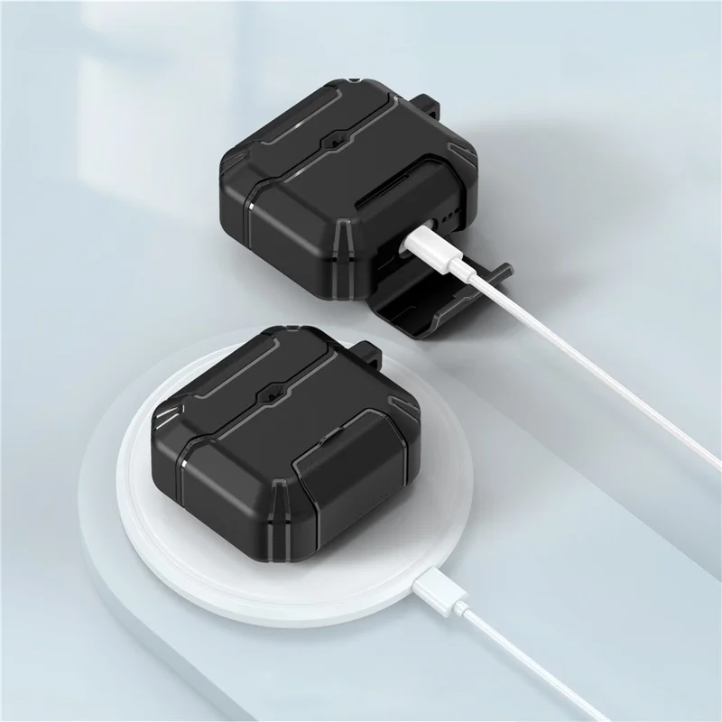 For AirPods 4 with ANC Case Foldable Stand TPU PC Earbuds Cover with Carabiner - Black