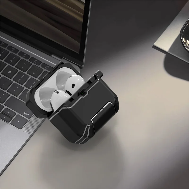 For AirPods 4 with ANC Case Foldable Stand TPU PC Earbuds Cover with Carabiner - Black