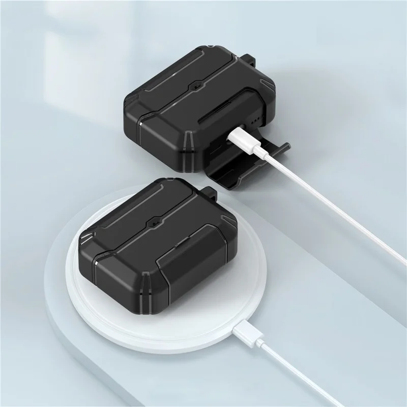 Til AirPods Pro 2 Case Foldable Stand TPU PC Ørepuds Cover med Carabiner - Sort