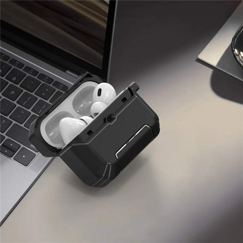 Til AirPods Pro 2 Case Foldable Stand TPU PC Ørepuds Cover med Carabiner - Sort