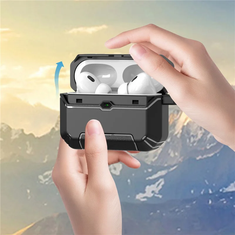 Til AirPods Pro 3 Case Foldable Stand TPU PC Ørepuds Cover med Carabiner - Sort