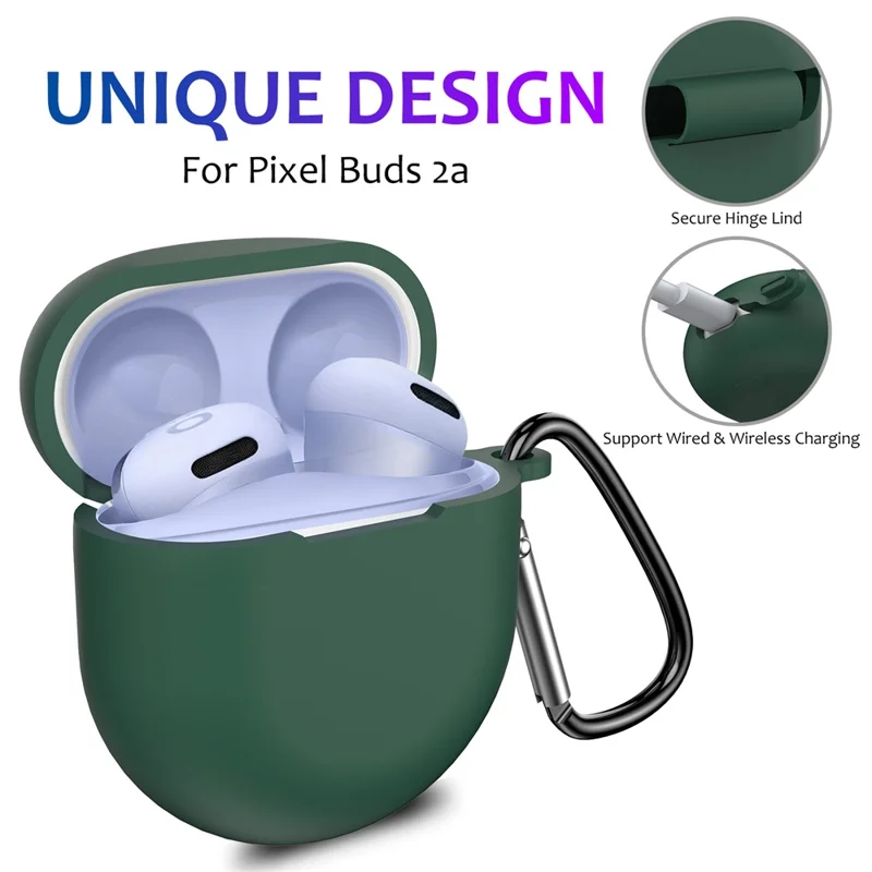 For Google Pixel Buds 2a Soft Silicone Case Scratch Resistant Earphone Cover with Carabiner - Green