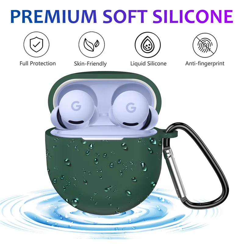 For Google Pixel Buds 2a Soft Silicone Case Scratch Resistant Earphone Cover with Carabiner - Green