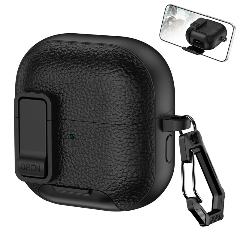 For Huawei FreeClip 2 Protective Case Leather Textured Lock Design Wireless Earbuds Cover with Phone Stand Function / Buckle - Black