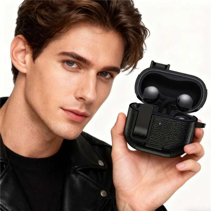 For Huawei FreeClip 2 Protective Case Leather Textured Lock Design Wireless Earbuds Cover with Phone Stand Function / Buckle - Black