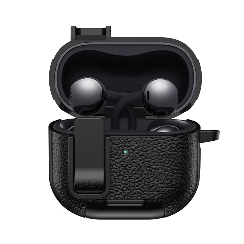 For Huawei FreeClip 2 Protective Case Leather Textured Lock Design Wireless Earbuds Cover with Phone Stand Function / Buckle - Black