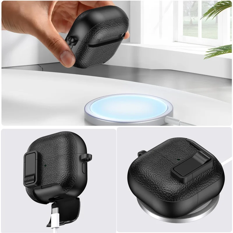 For Huawei FreeClip 2 Protective Case Leather Textured Lock Design Wireless Earbuds Cover with Phone Stand Function / Buckle - Black