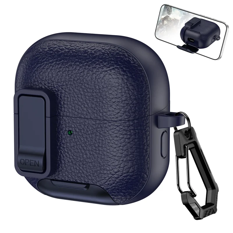 For Huawei FreeClip 2 Protective Case Leather Textured Lock Design Wireless Earbuds Cover with Phone Stand Function / Buckle - Dark Blue