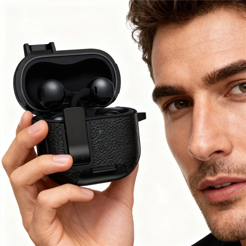 For Huawei FreeClip 2 Protective Case Leather Textured Lock Design Wireless Earbuds Cover with Phone Stand Function / Buckle - Dark Blue