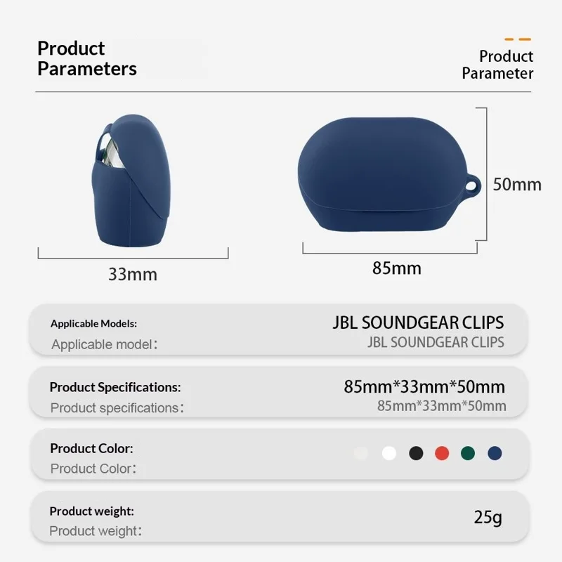 Étui en silicone pour JBL Soundgear Clips, housse de protection pour écouteurs sans fil avec attache anti-perte - Bleu foncé