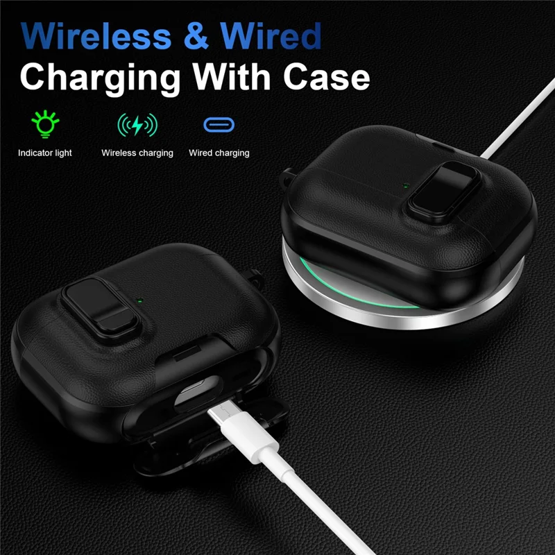 For Apple AirPods Pro Case with Stand Dual Color Texture TPU + PC Earphone Cover with Lock Buckle and Carabiner - Black