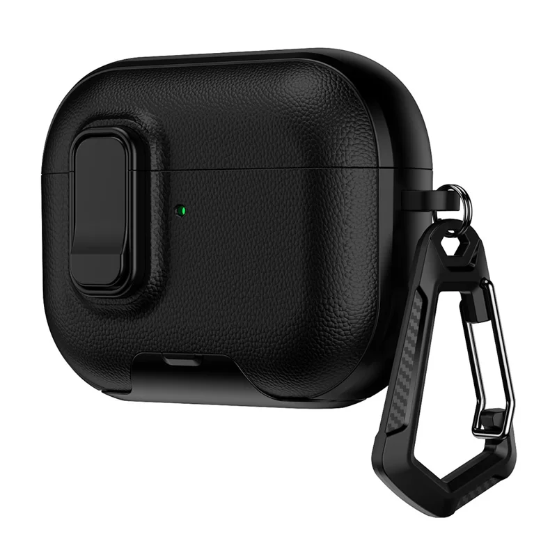 For AirPods Pro 2 Case with Stand Dual Color Texture Leather TPU + PC Earphone Cover with Lock Buckle and Carabiner - Black