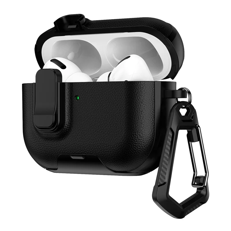 For AirPods Pro 2 Case with Stand Dual Color Texture Leather TPU + PC Earphone Cover with Lock Buckle and Carabiner - Black